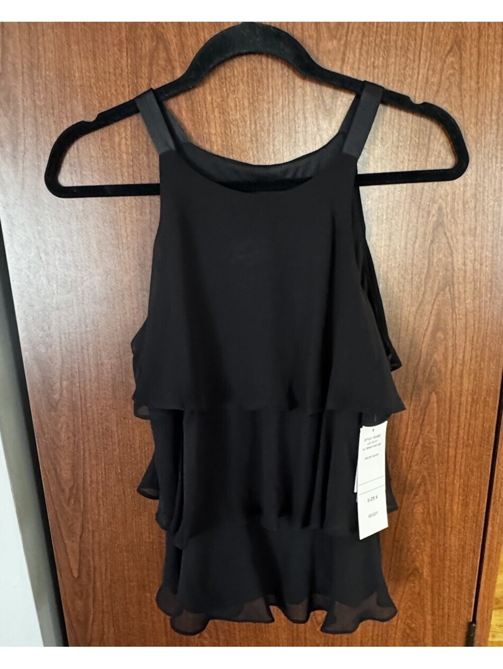 SL Fashions Womens 6 Black Tiered Chiffon Cocktail Top NWT Top Only